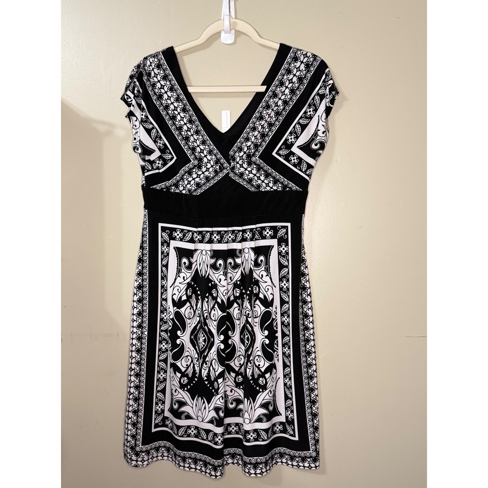 Ronni Nicole Y2K Black White Scarf Print V-Neck Cap Sleeve Dress Womens 8